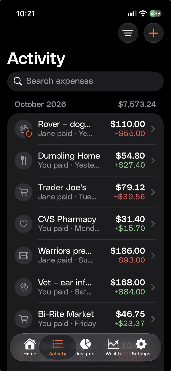 Activity feed of shared expenses and each partner's share