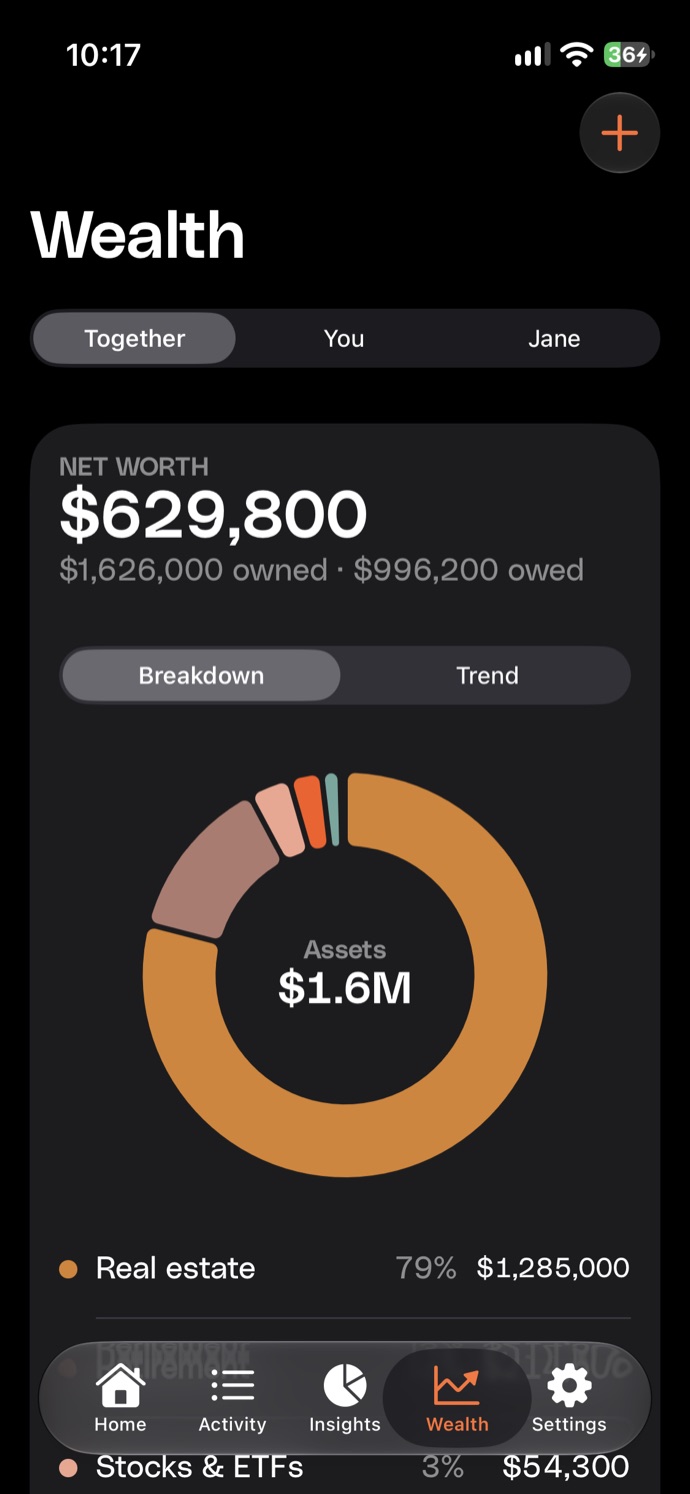 Wealth screen showing a couple's combined net worth and asset breakdown